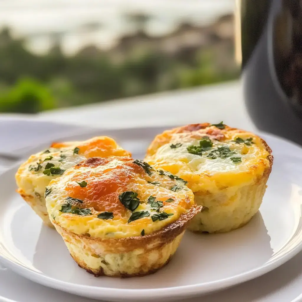 Two baked egg muffins topped with herbs and a golden yolk, served on a white plate with a blurred natural background.