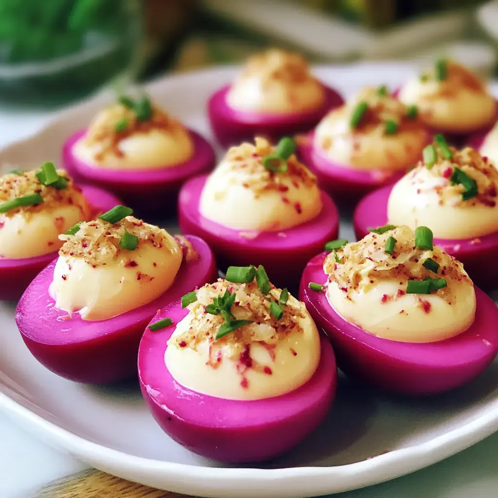 A plate of vibrant pink deviled eggs topped with creamy filling and garnished with chopped chives and seasonings.