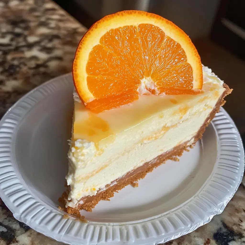 A slice of orange cheesecake topped with a fresh orange slice, served on a white plate.