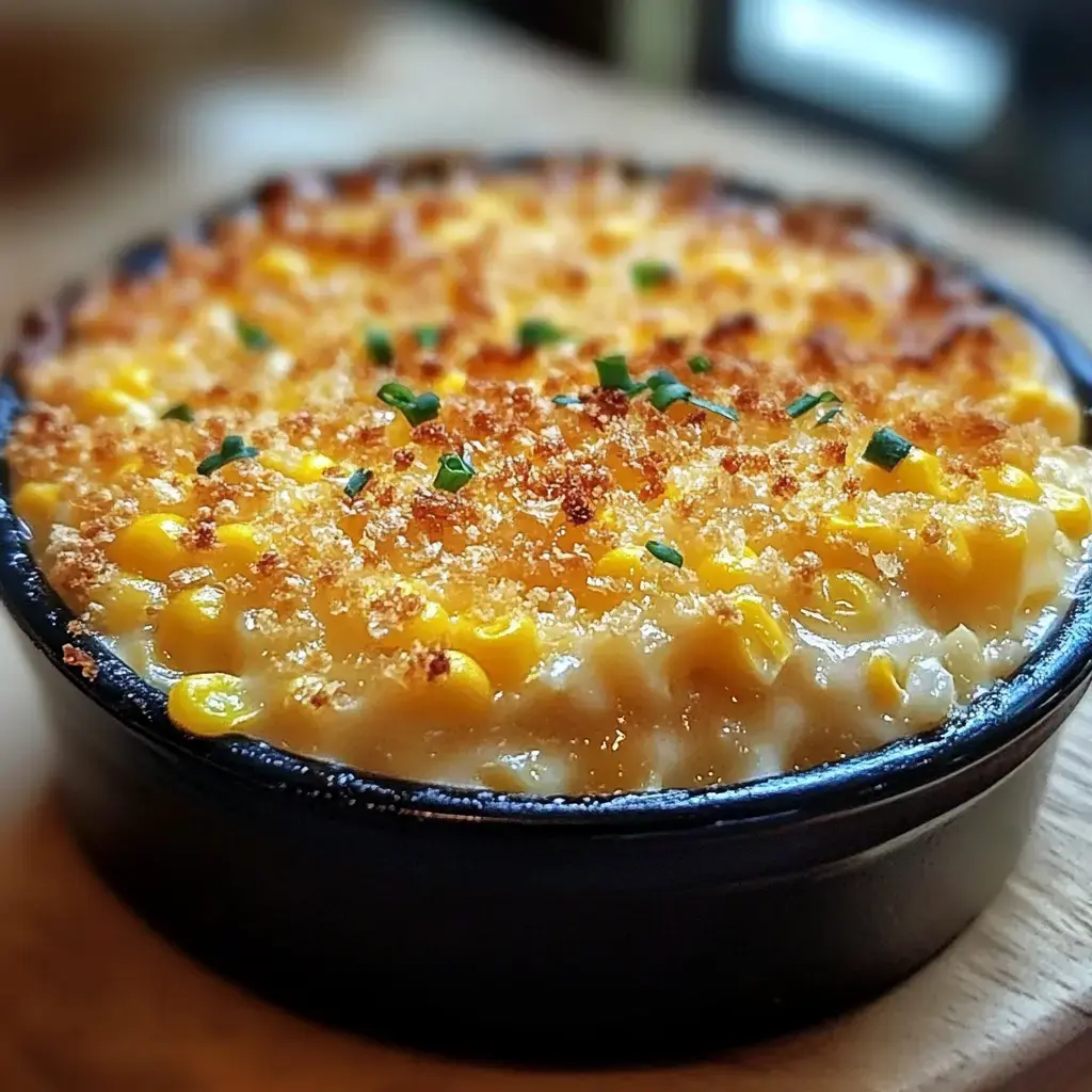 A baked macaroni and cheese dish topped with crispy breadcrumbs and sprinkled with green chives, served in a black dish.