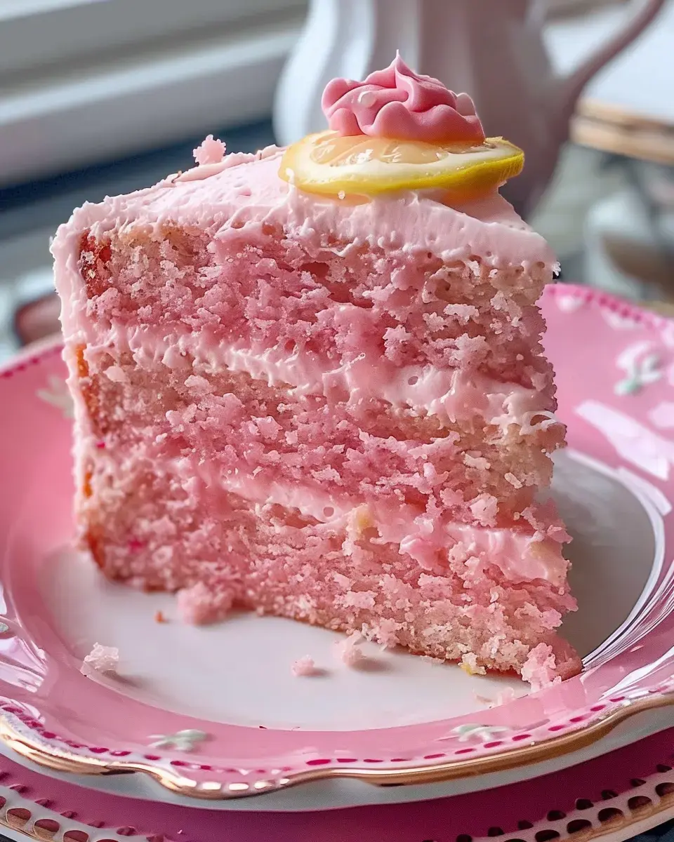 A slice of pink layered cake with creamy frosting and a lemon slice on top is displayed on a decorative pink plate.