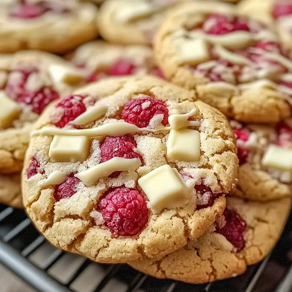 A close-up of freshly baked cookies featuring chunks of white chocolate and raspberries.