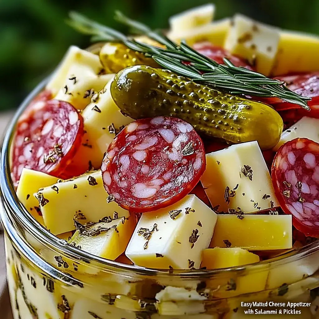 A close-up image of a jar filled with cubes of yellow cheese, slices of salami, dill pickles, and garnished with rosemary.