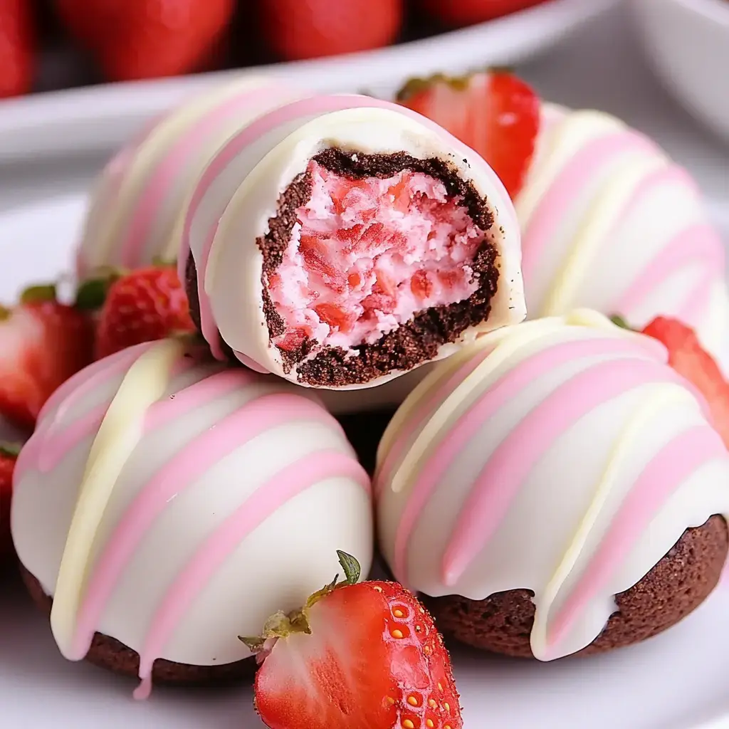 A close-up of chocolate-covered spherical treats with pink and white stripes, one of which is cut in half to reveal a strawberry filling, accompanied by fresh strawberries.