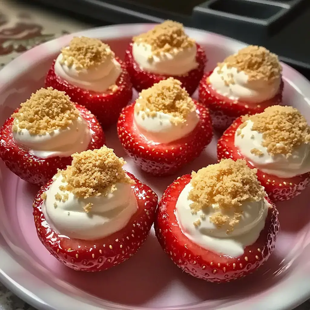 A plate of strawberries topped with whipped cream and sprinkled with crushed graham crackers.