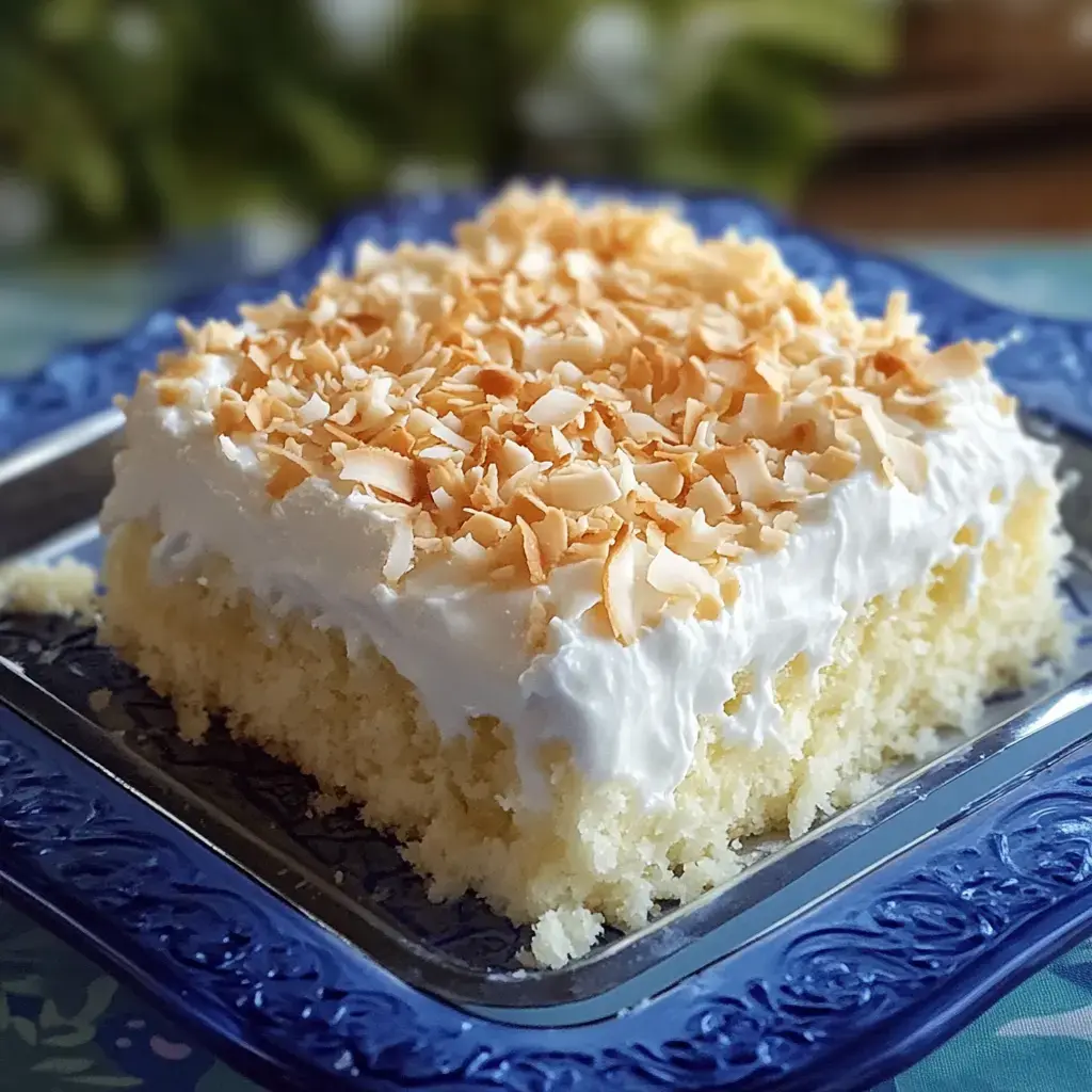 A close-up of a square coconut cake topped with whipped cream and sprinkled with toasted coconut flakes, displayed on a decorative blue plate.