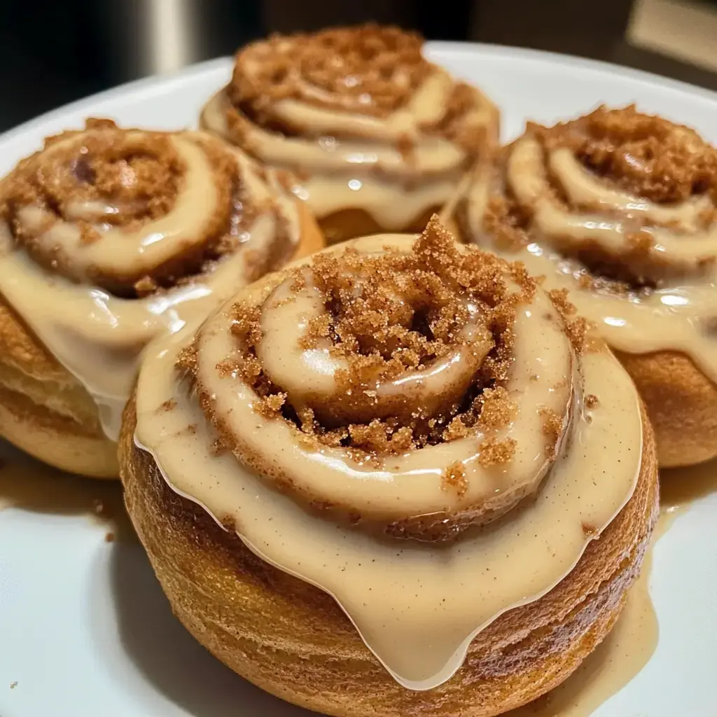 A close-up of four cinnamon rolls drizzled with cream icing and topped with brown sugar.