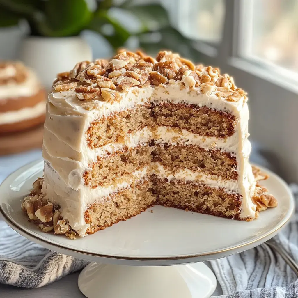 A sliced cake with three layers, topped with frosting and chopped nuts, is displayed on a white cake stand.