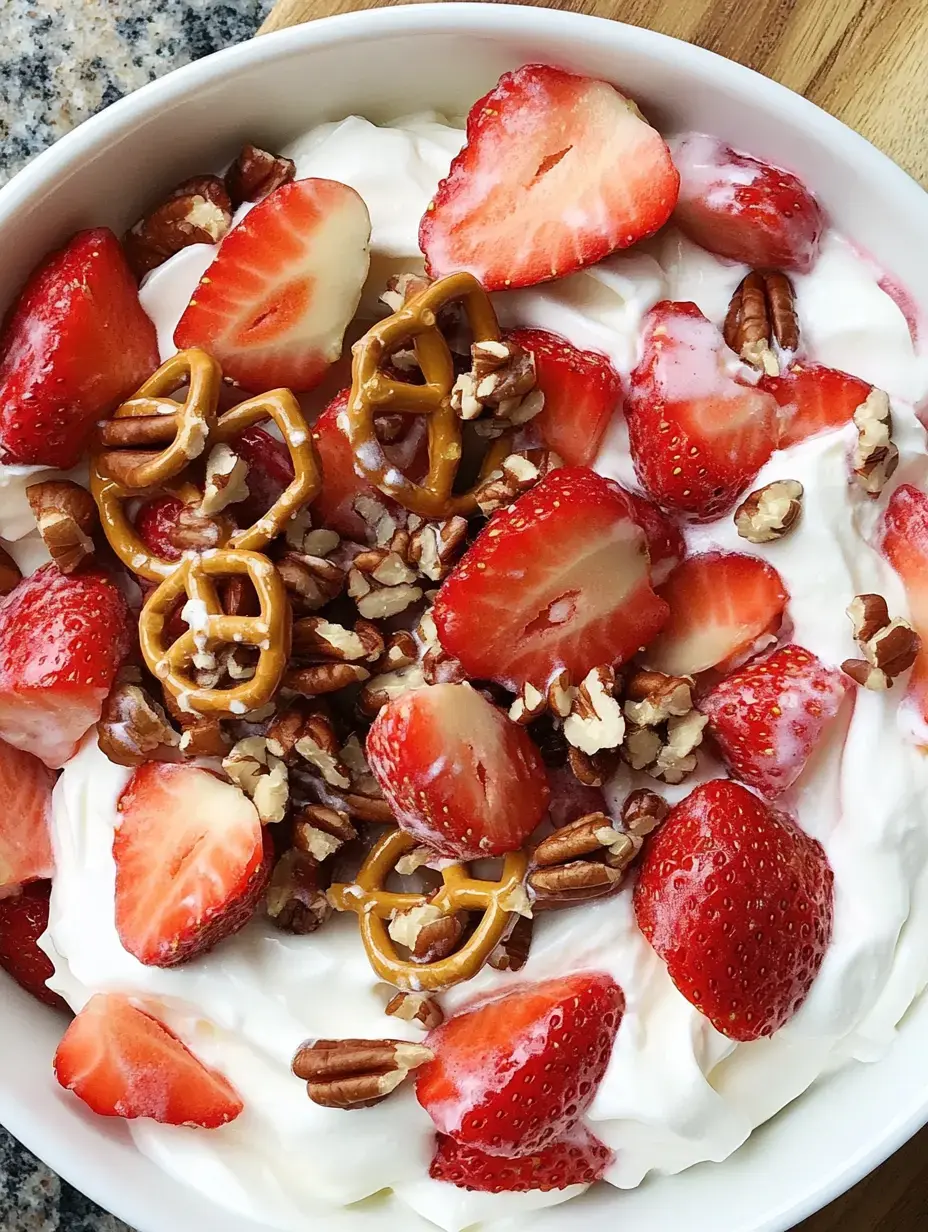 A bowl of whipped cream topped with sliced strawberries, chopped pecans, and pretzel pieces.