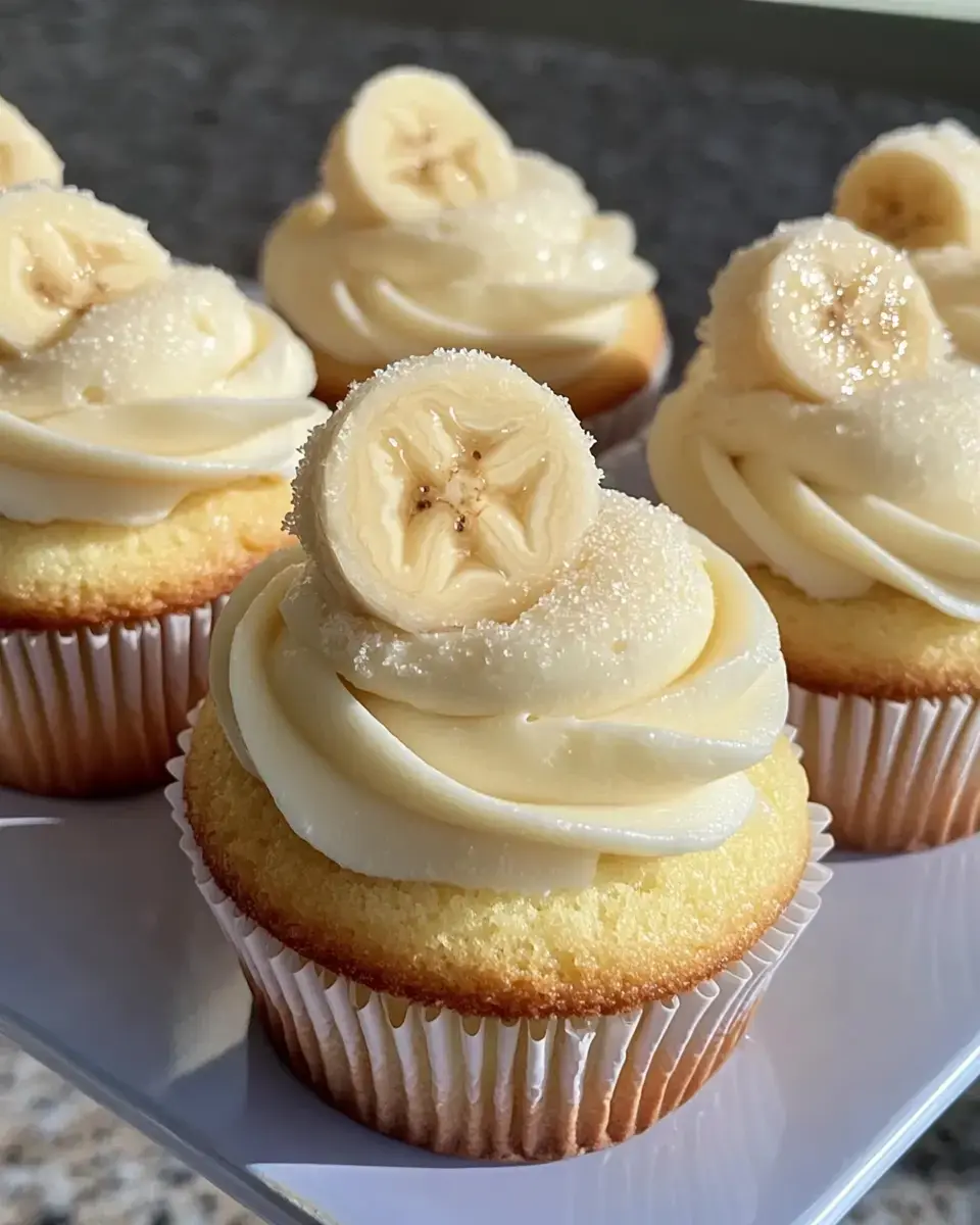 A close-up view of several decorative cupcakes topped with cream frosting and sliced bananas.