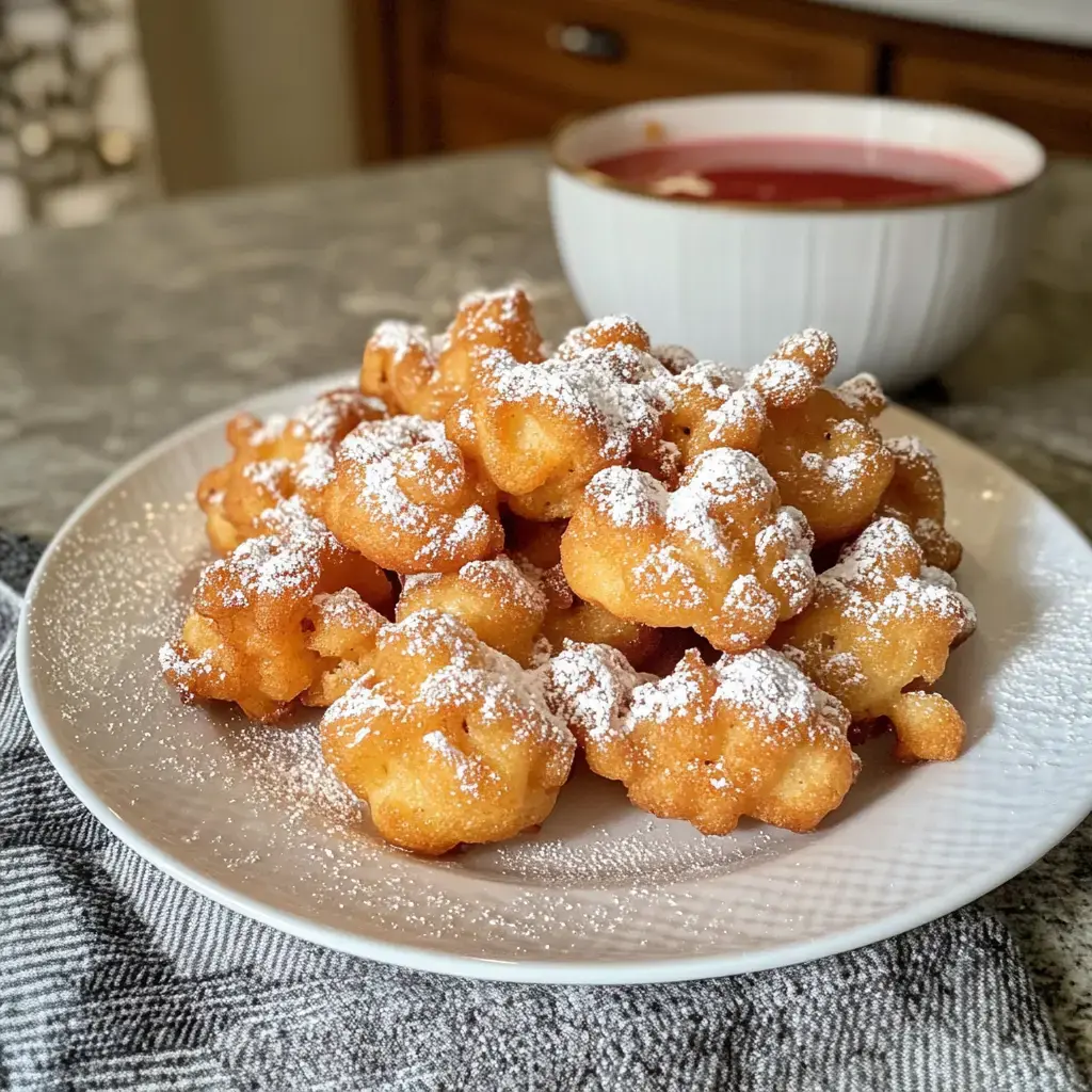 A plate of fried dough balls dusted with powdered sugar, served alongside a bowl of red sauce.