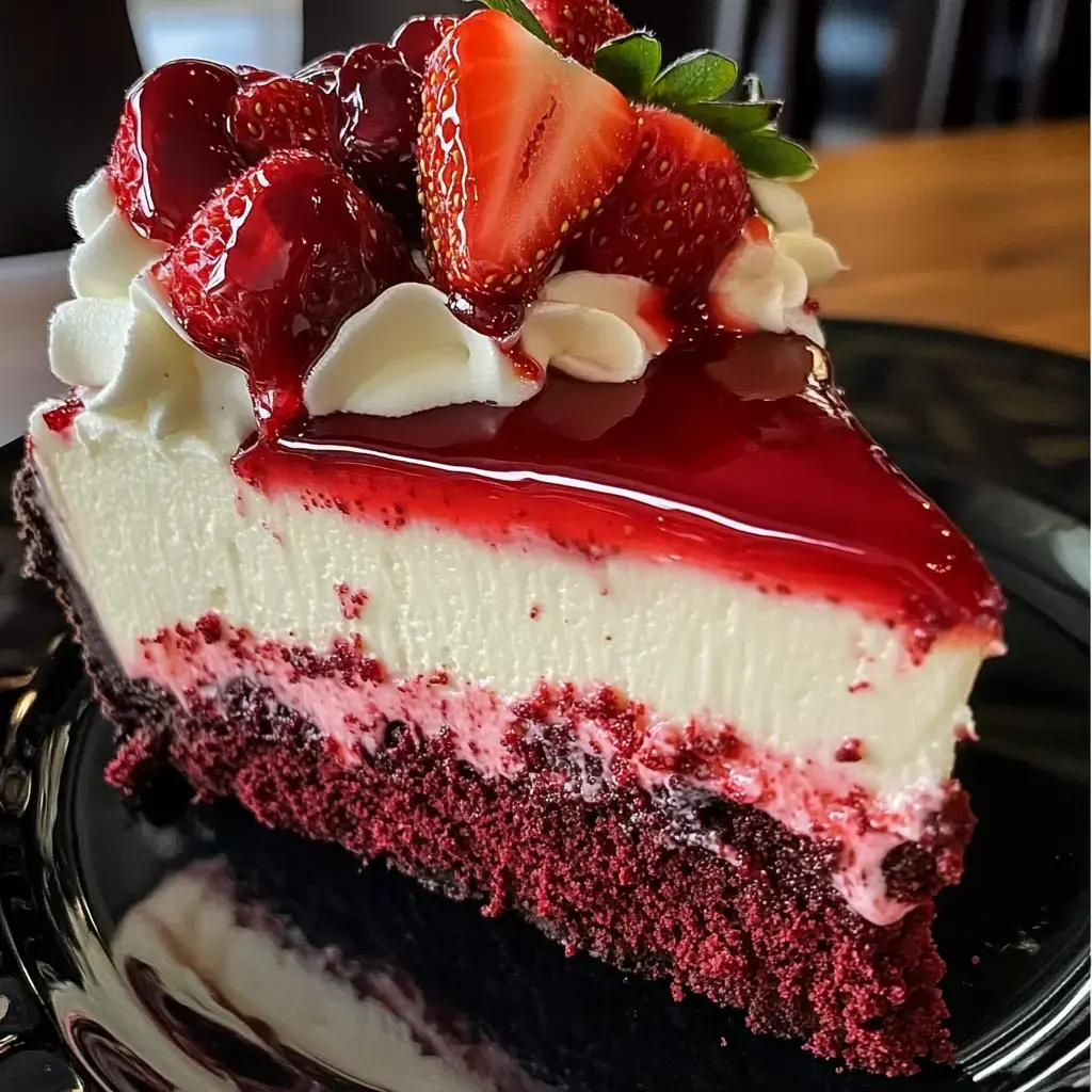 A slice of red velvet cheesecake is topped with strawberries and a glossy red strawberry sauce, resting on a black plate.