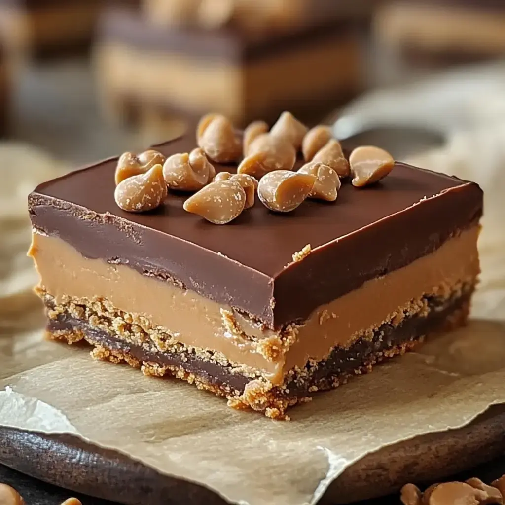 A decadent layered dessert bar featuring a chocolate topping, a creamy caramel layer, and a crumbly crust, garnished with chocolate chips.