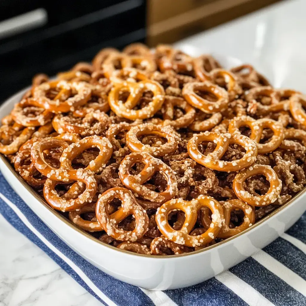 A large bowl filled with a mountain of salty pretzels, placed on a striped blue and white napkin.