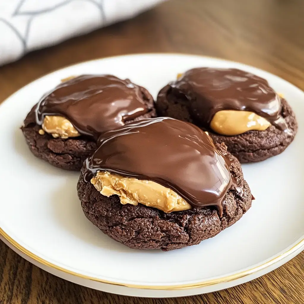 A plate of three chocolate cookies topped with a layer of chocolate and filled with peanut butter.