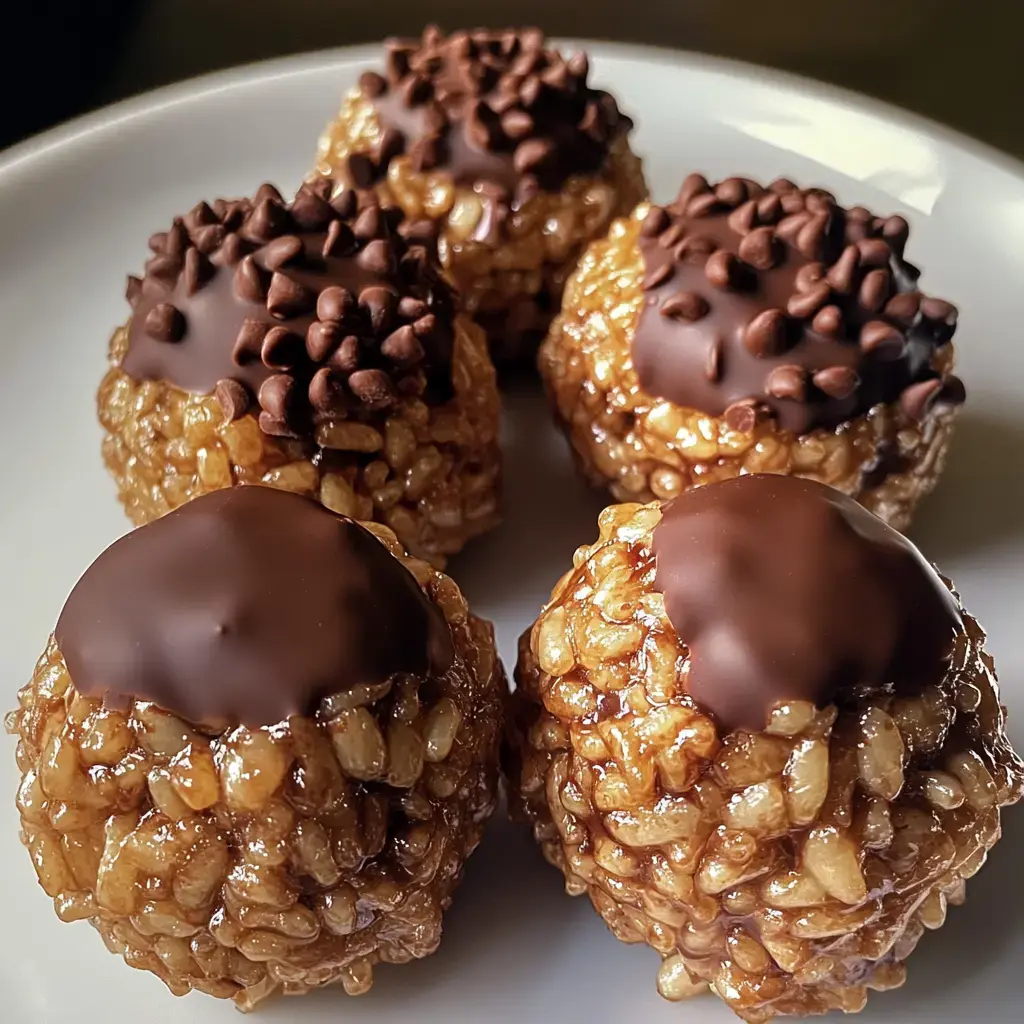 A plate of six round rice crispy treats topped with chocolate and chocolate chips.