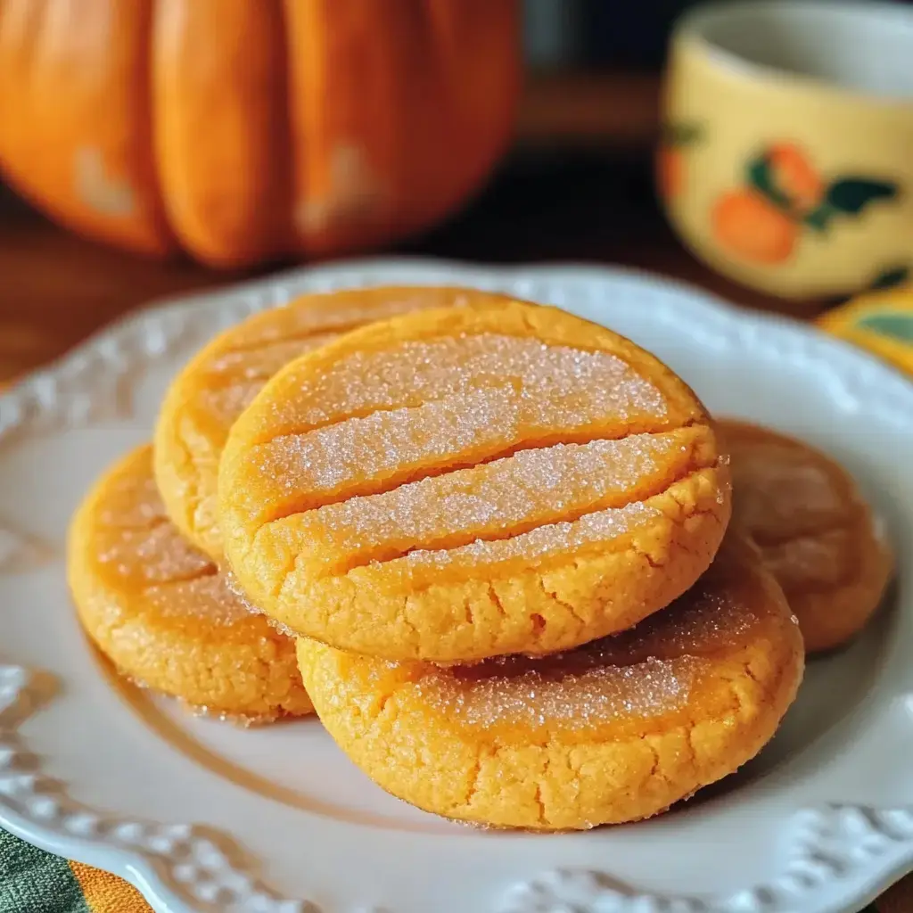 A plate of orange pumpkin-shaped cookies dusted with sugar, set against a blurred background featuring a pumpkin and a colorful cup.