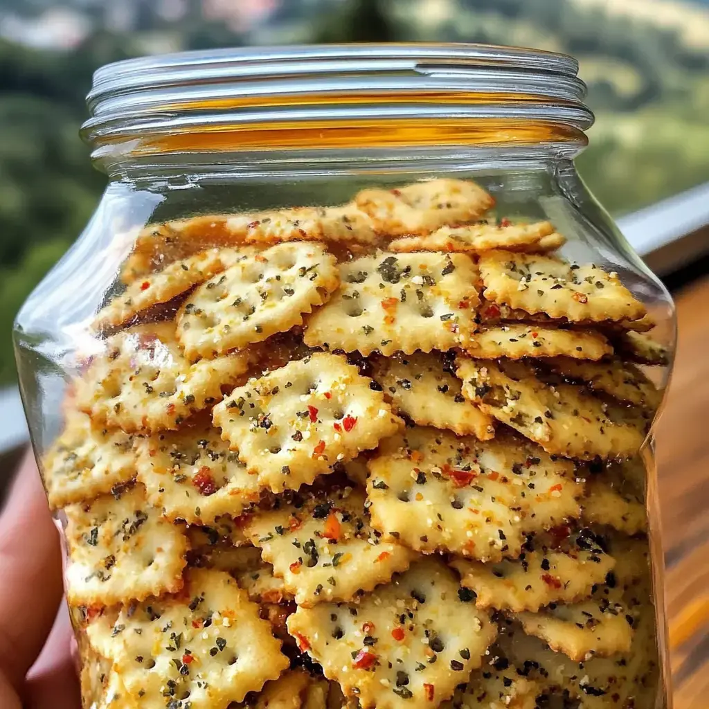 A clear glass jar filled with seasoned crunchy crackers, featuring a blend of spices and herbs.