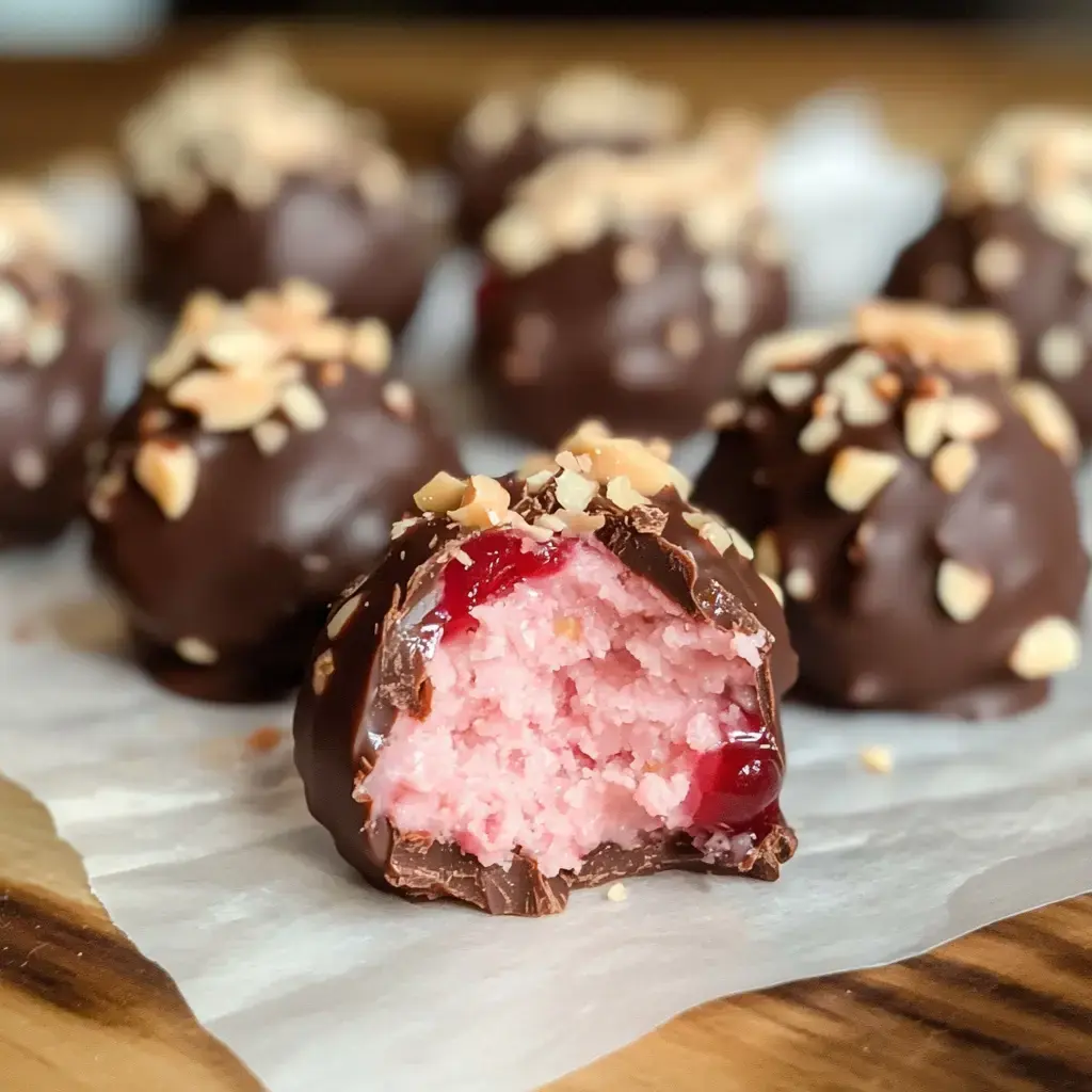 A close-up of chocolate-covered dessert balls with a bitten piece showing a pink filling and a cherry center, topped with chopped nuts.