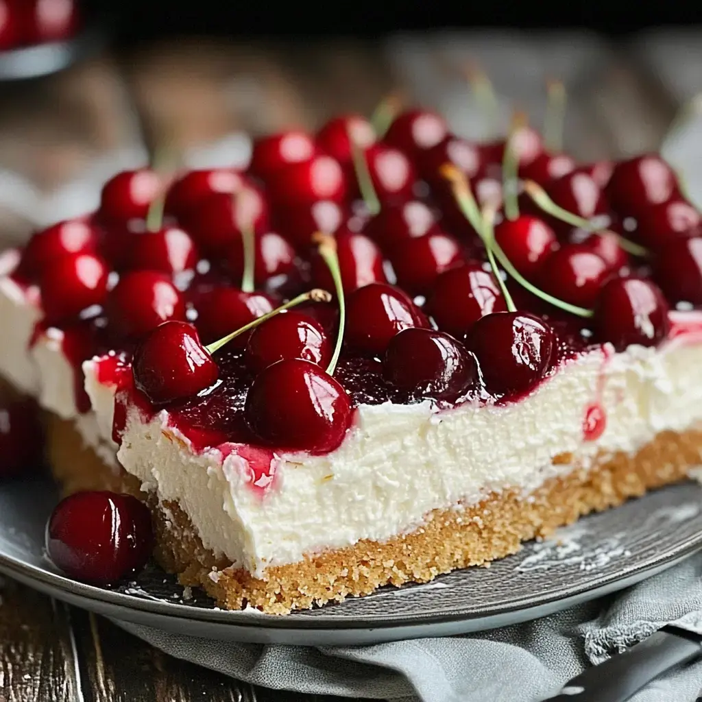 A close-up of a cheesecake topped with a glossy cherry layer and fresh cherries on a gray plate.