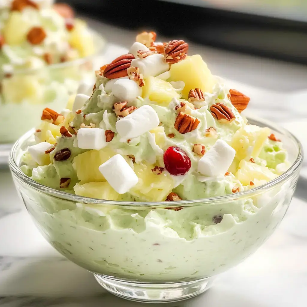 A glass bowl filled with a green dessert topped with pineapple chunks, chopped pecans, mini marshmallows, and a cherry.