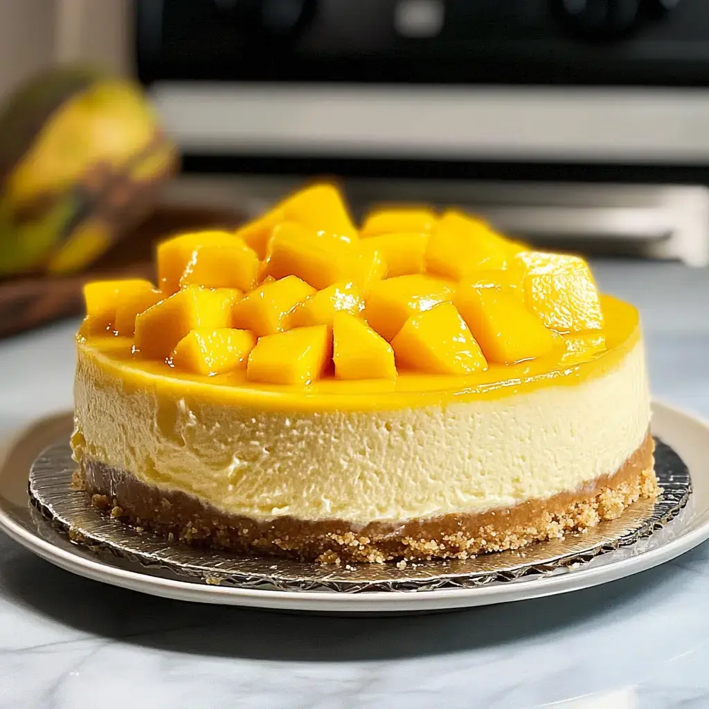 A creamy cheesecake topped with fresh, diced mango sits on a plate, showcasing its golden yellow glaze and crumbly base.