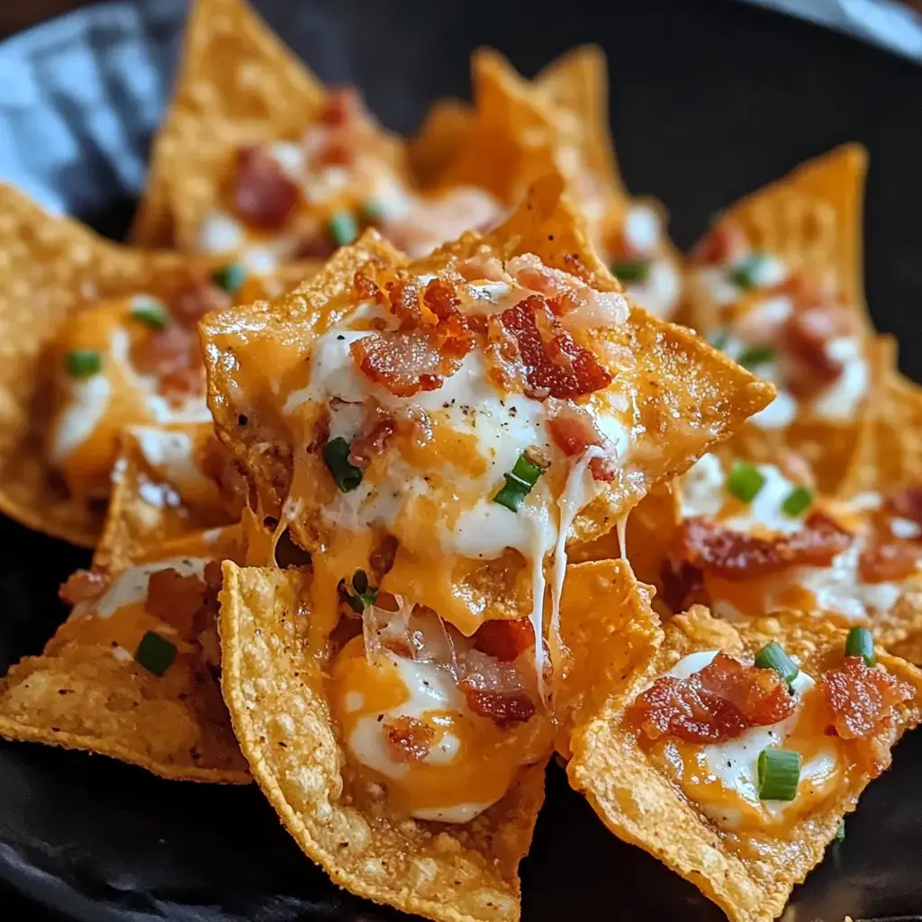 A close-up of a plate of cheesy nachos topped with bacon and green onions.