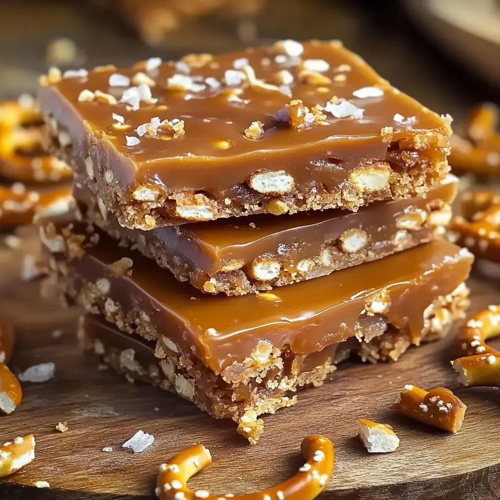 Three stacked caramel bars with a crunchy pretzel base, topped with flaky sea salt, are surrounded by scattered pretzels on a wooden surface.