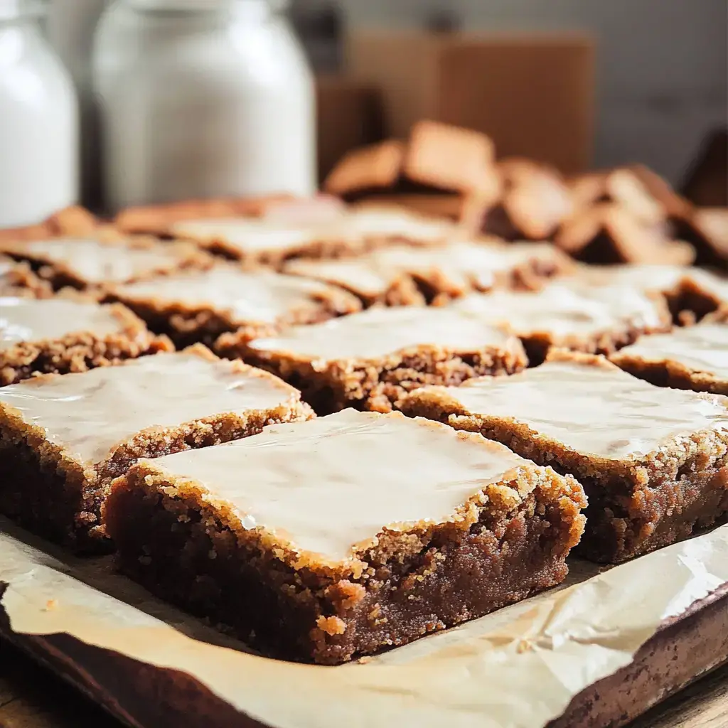 A close-up of a tray filled with neatly cut squares of dessert topped with a glossy icing glaze.