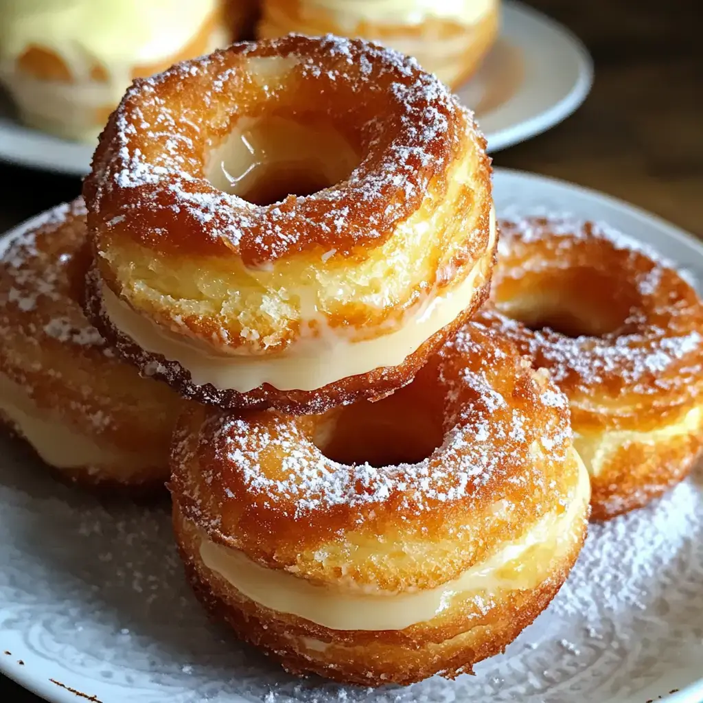 A close-up of three cream-filled, glazed donuts dusted with powdered sugar on a white plate.