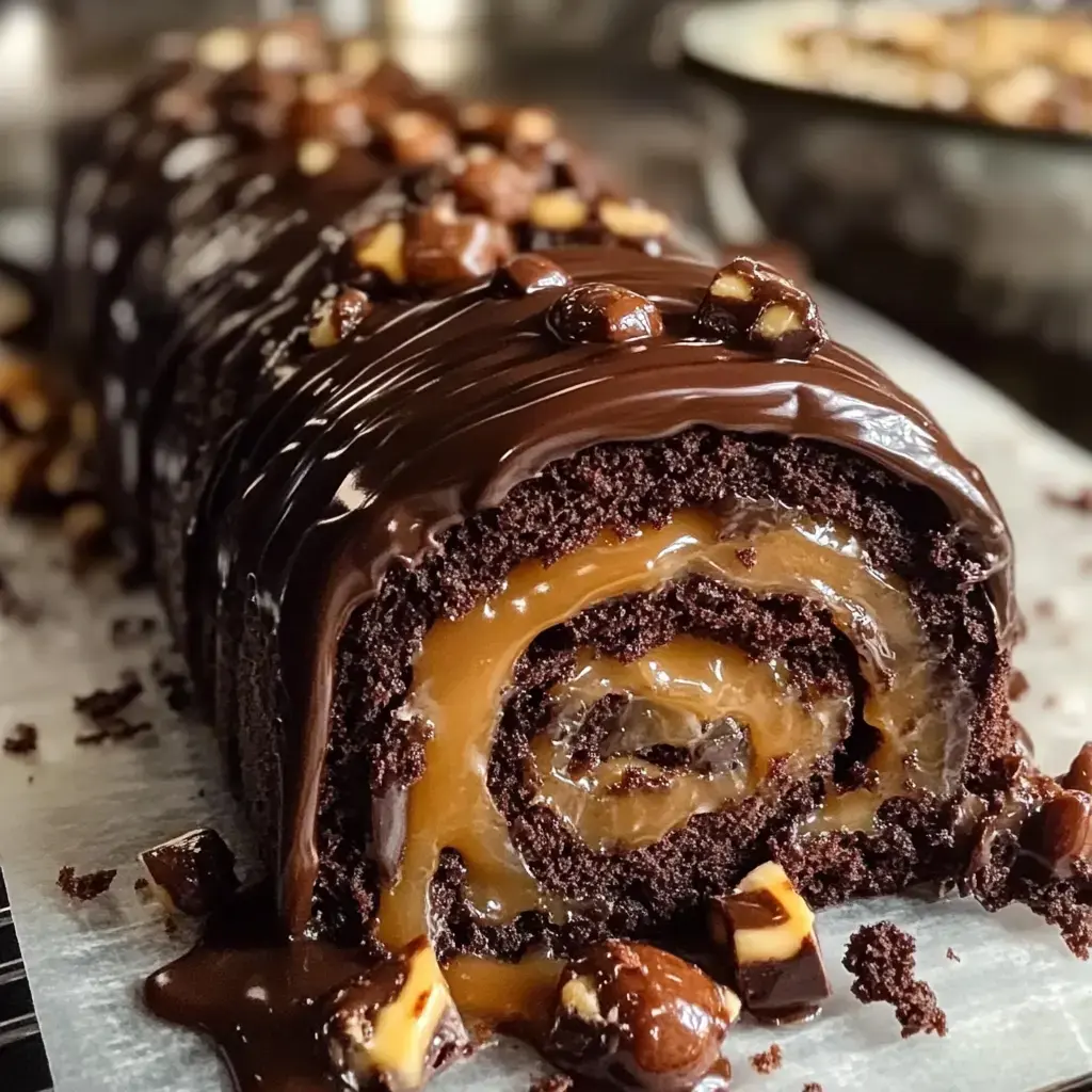 A chocolate roll cake filled with caramel and topped with chocolate ganache and nuts.