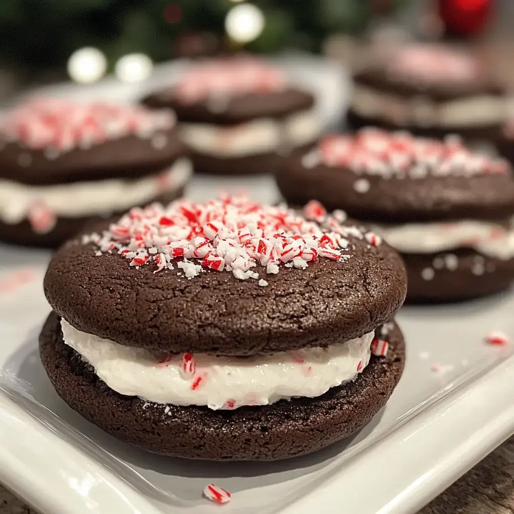 A close-up of chocolate whoopie pies filled with cream and topped with crushed peppermint candies, displayed on a white plate.