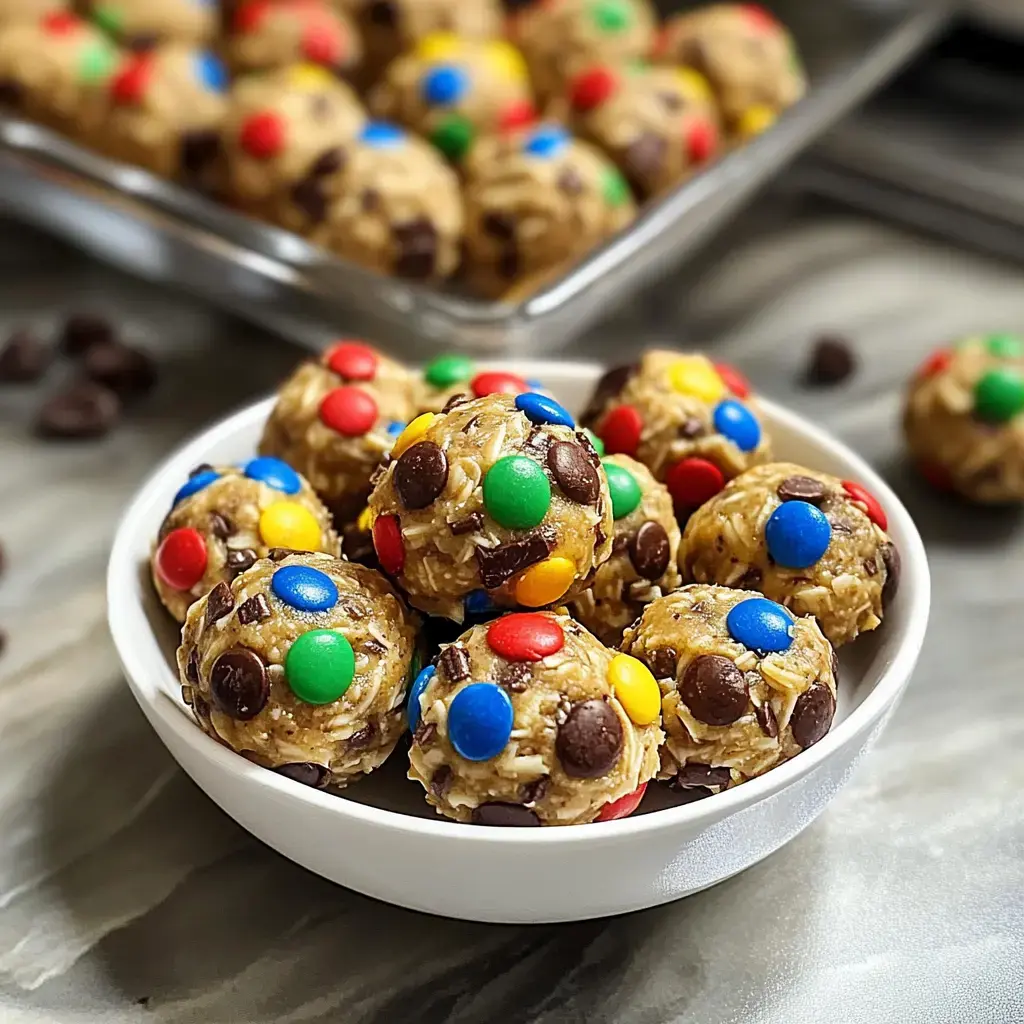 A bowl of colorful no-bake cookie dough balls coated with chocolate and candy pieces, with more cookie balls in the background.