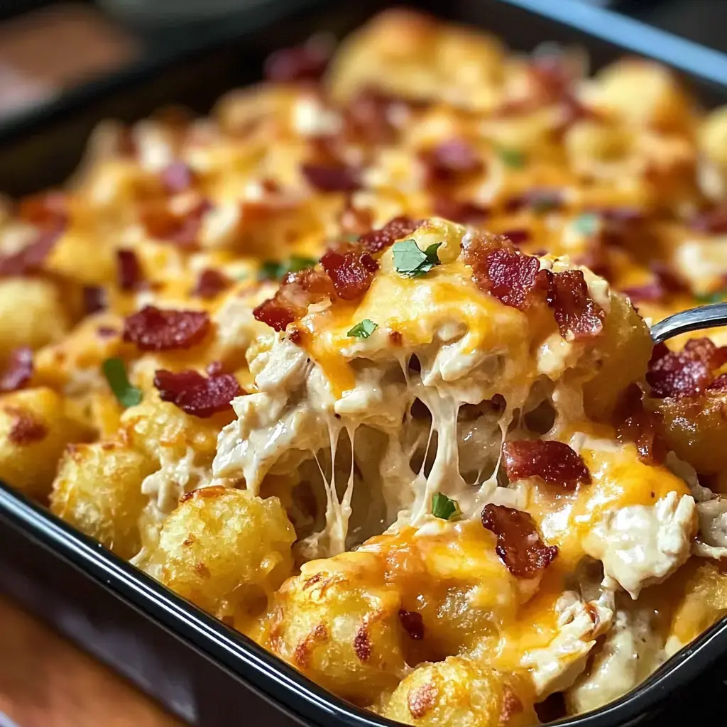 A close-up of a cheesy chicken and bacon casserole topped with golden tater tots and garnished with chopped herbs.