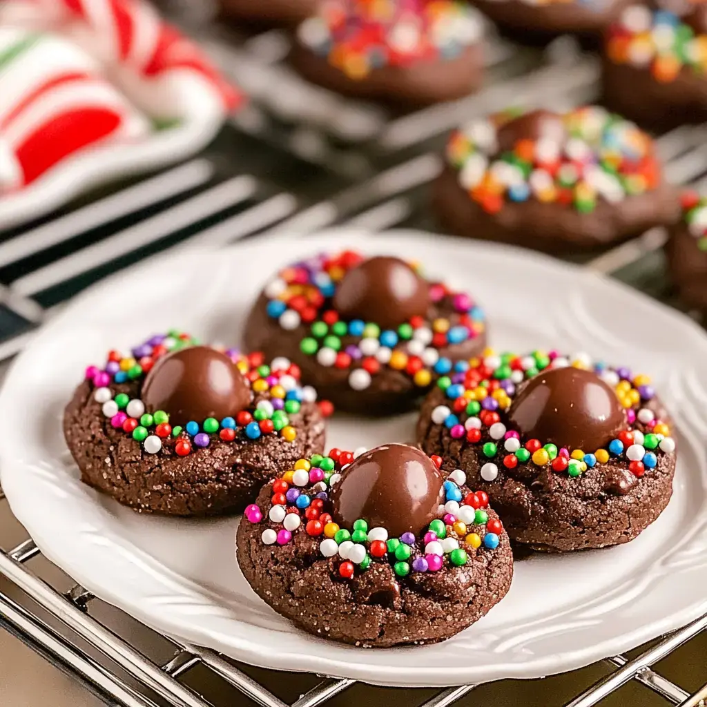 A plate of chocolate cookies decorated with colorful sprinkles and topped with a chocolate candy sits on a cooling rack.