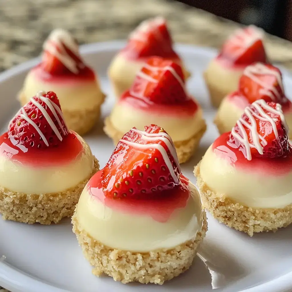 A plate of miniature cheesecakes topped with strawberries and a glossy red glaze, drizzled with white chocolate.