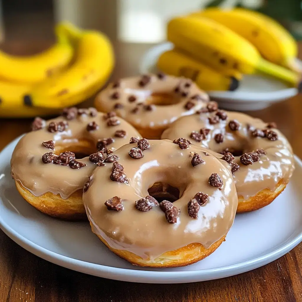 A plate of glazed donuts topped with chocolate sprinkles, with a bunch of bananas in the background.