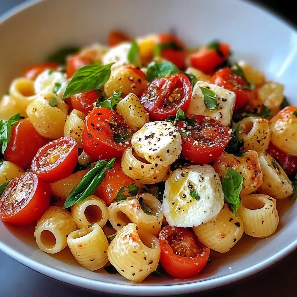 A close-up view of a bowl of pasta salad featuring cherry tomatoes, mozzarella balls, fresh basil, and a sprinkle of black pepper.