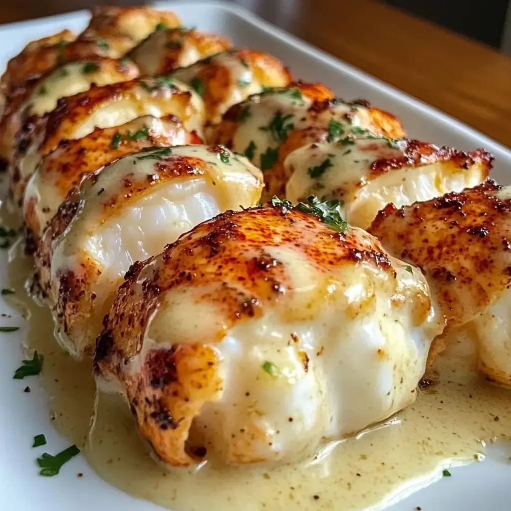 A close-up image of succulent lobster tails, baked with a creamy sauce and sprinkled with paprika and parsley.