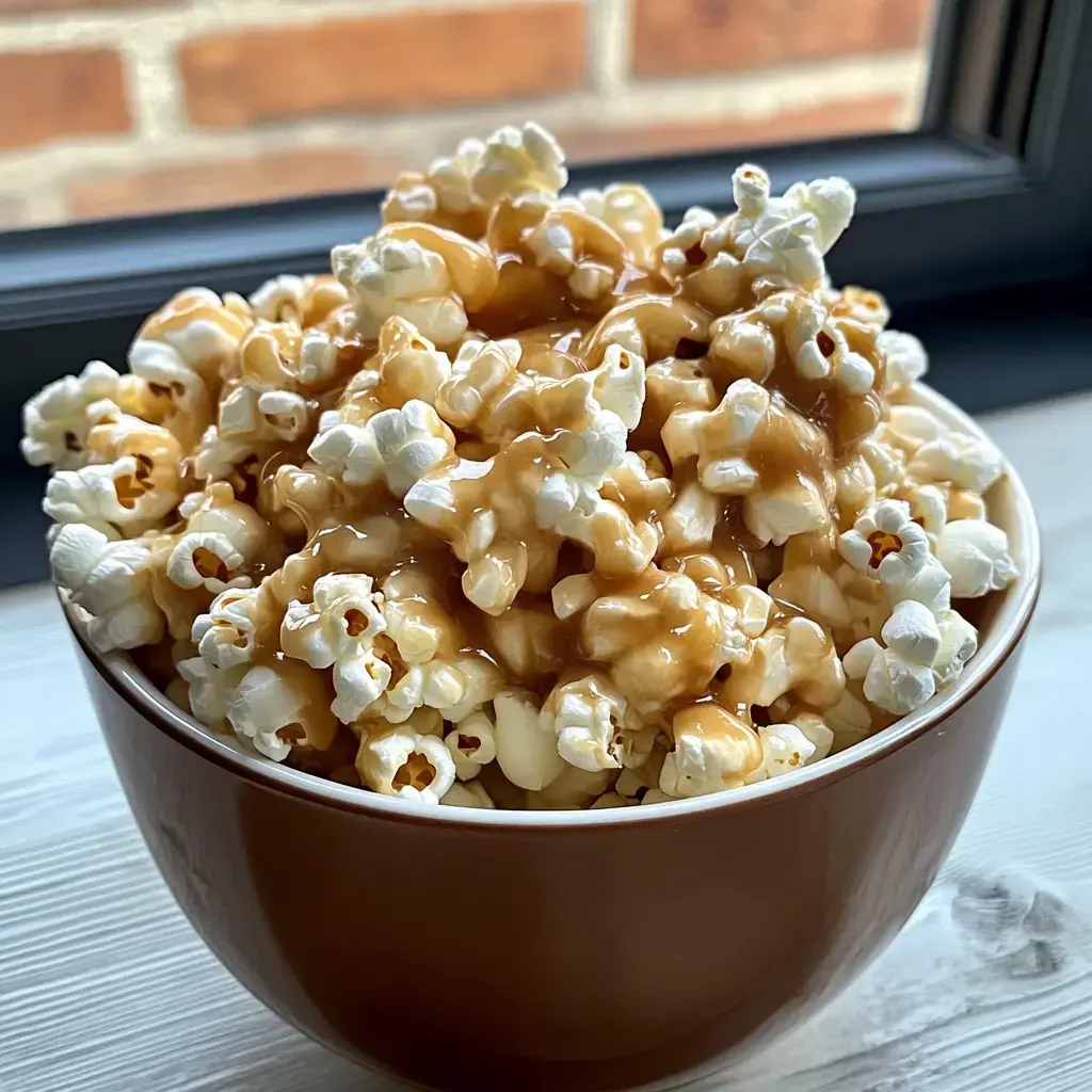 A brown bowl filled with popcorn drizzled with caramel sauce, set against a window with a brick background.