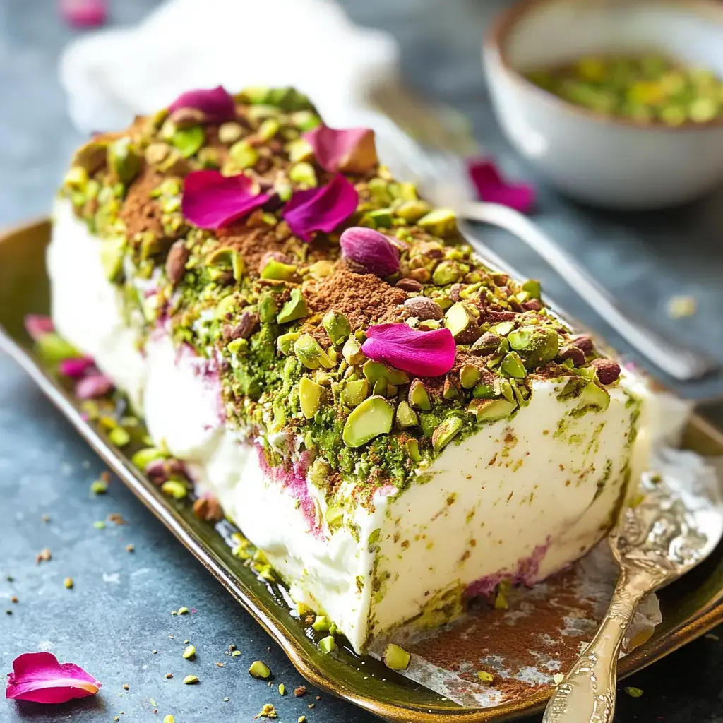 A rectangular dessert layered with cream, pistachios, and rose petals, presented on a dark plate.