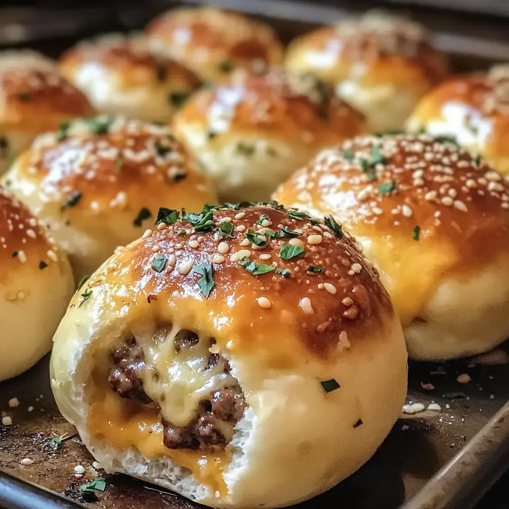 A close-up of freshly baked stuffed buns with sesame seeds and herbs on top, revealing a filling of meat and melted cheese inside.