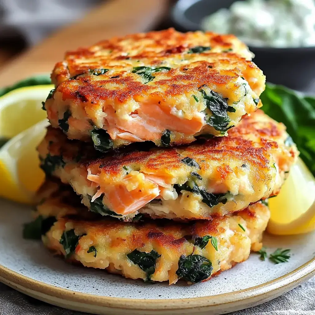 A stack of golden-brown salmon patties with spinach, garnished with lemon wedges and a bowl of sauce in the background.