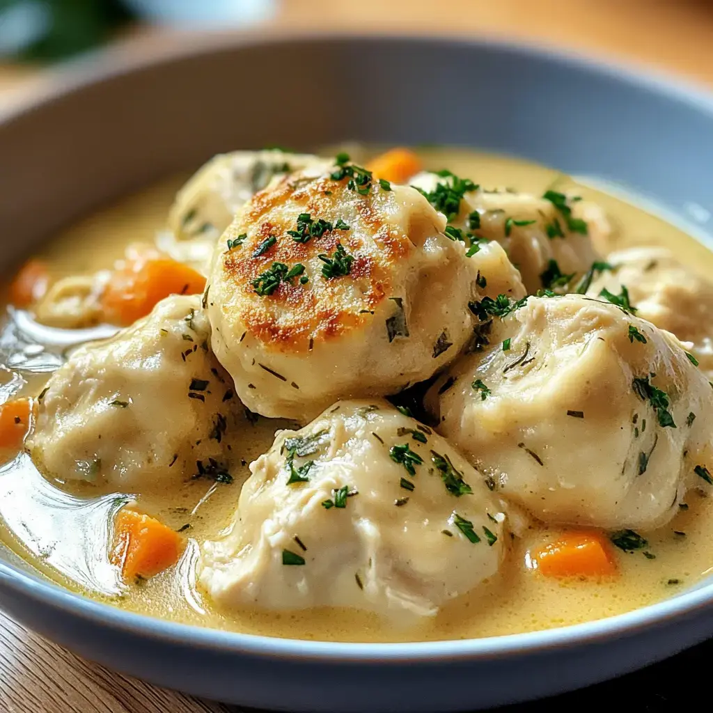 A close-up image of fluffy dumplings in a creamy sauce, garnished with parsley and accompanied by pieces of carrot.