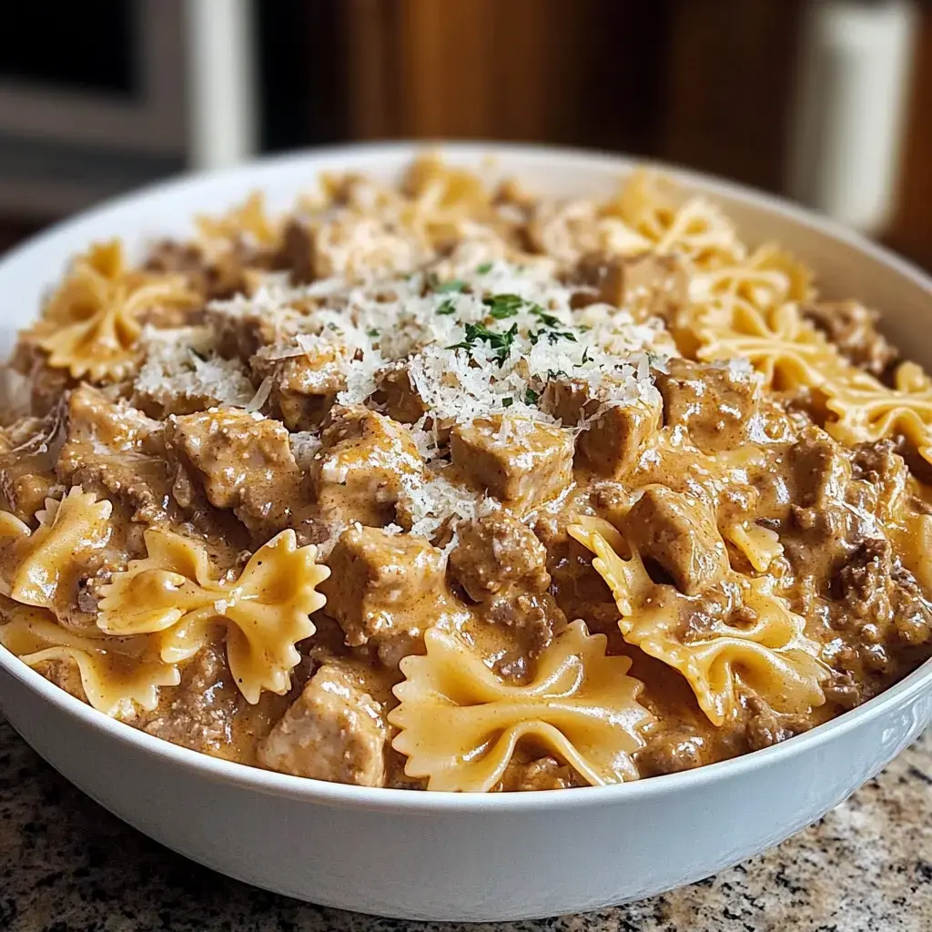 A close-up of a bowl filled with farfalle pasta mixed with creamy sauce, diced chicken, and topped with grated cheese and parsley.