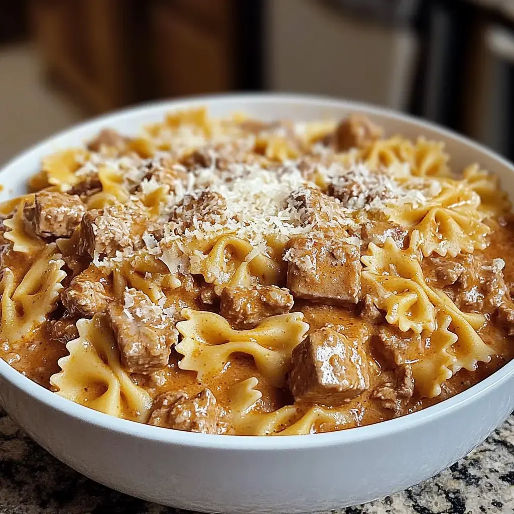 A close-up view of a bowl of farfalle pasta mixed with tender pieces of meat in a creamy sauce, topped with grated cheese.