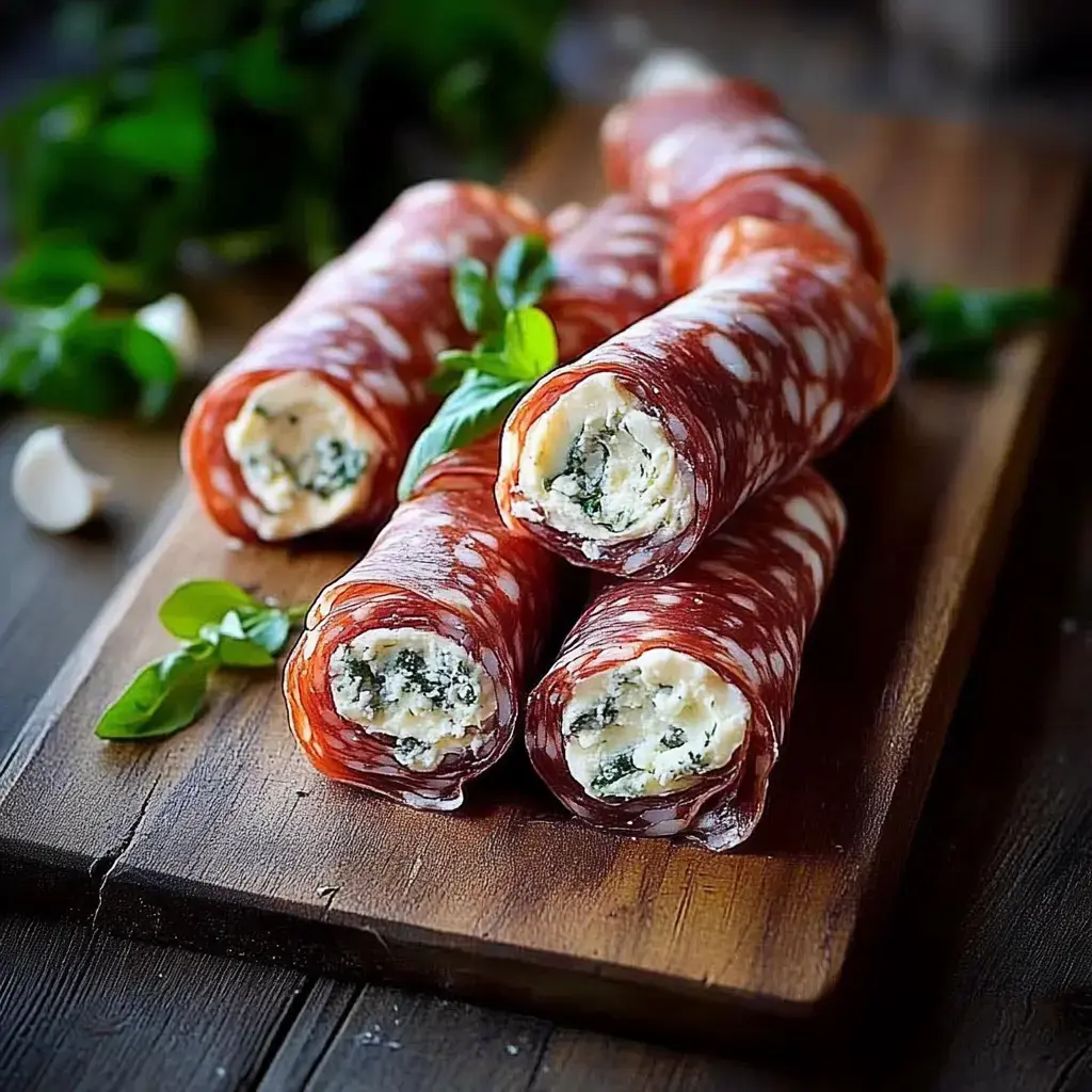 Four rolls of salami filled with a creamy cheese mixture and herbs, arranged on a wooden cutting board with fresh basil leaves in the background.