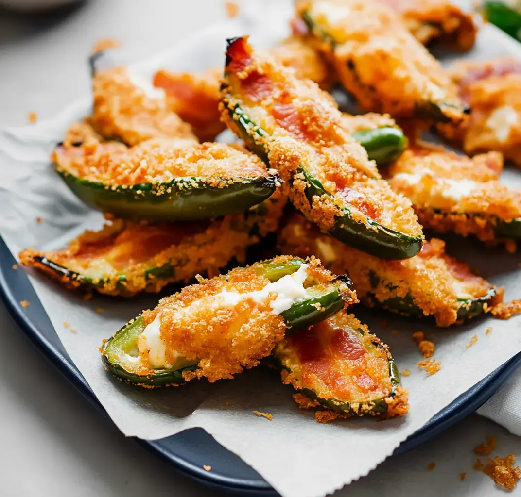 A plate of crispy, stuffed jalapeño poppers with a golden breadcrumb topping.