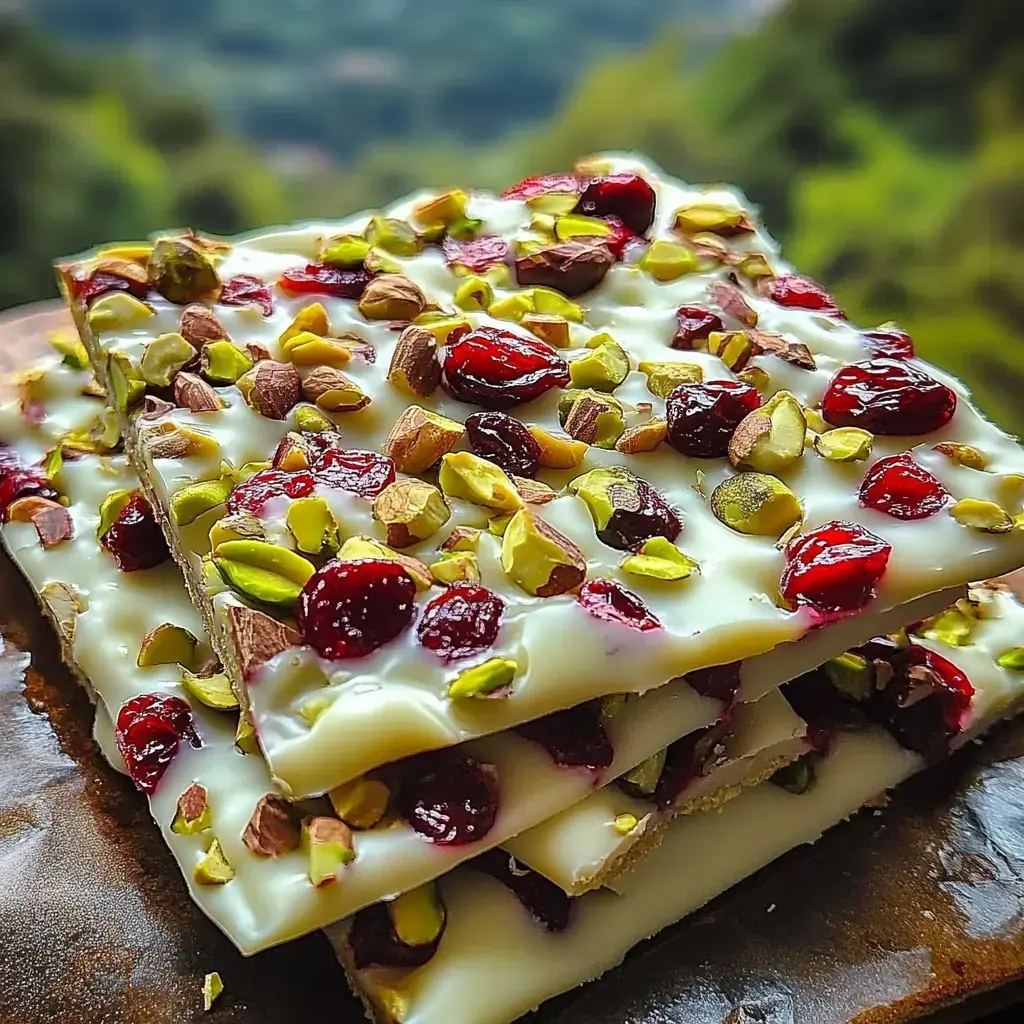 A stack of white chocolate bark topped with chopped pistachios and dried cranberries.