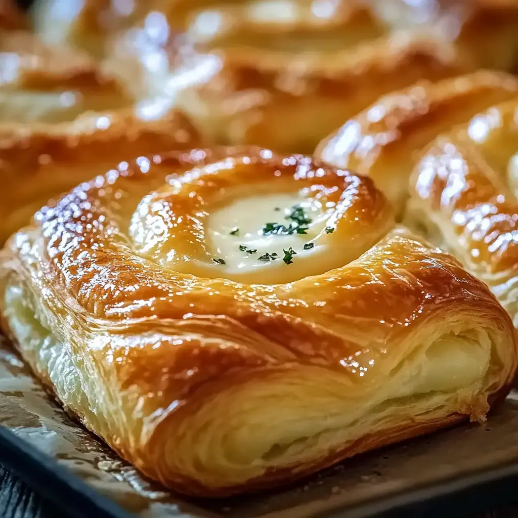 A close-up of golden, flaky pastries topped with creamy filling and garnished with green herbs.